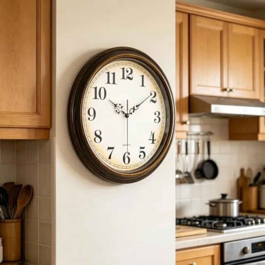 Minimalist design of the Vintage Bronze Wall Clock featuring non-ticking quartz movement.