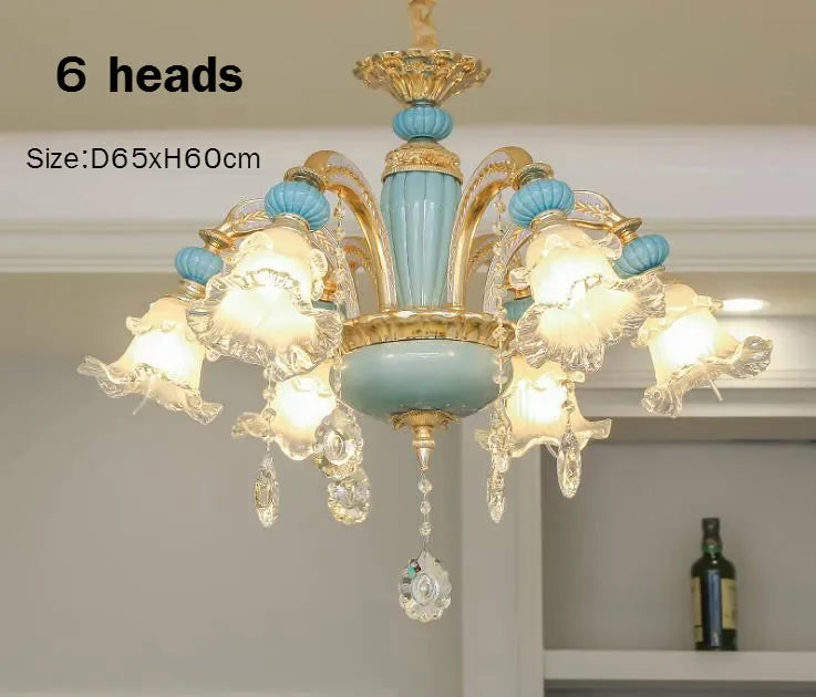 Frosted White Glass Tiffany Blue Floral Chandelier