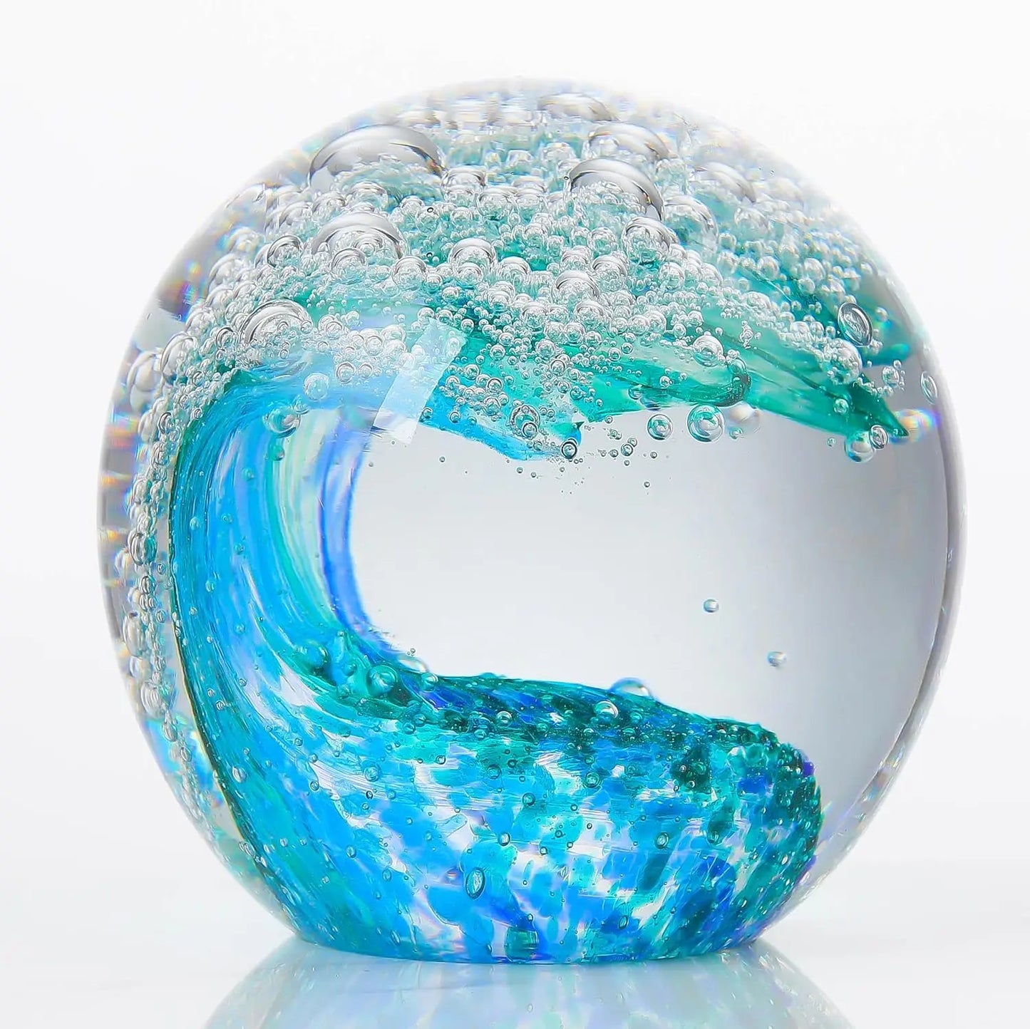 Hand-Blown Ocean Wave Glass Paperweight highlighting the vibrant colors and unique craftsmanship of this beautiful decorative piece.