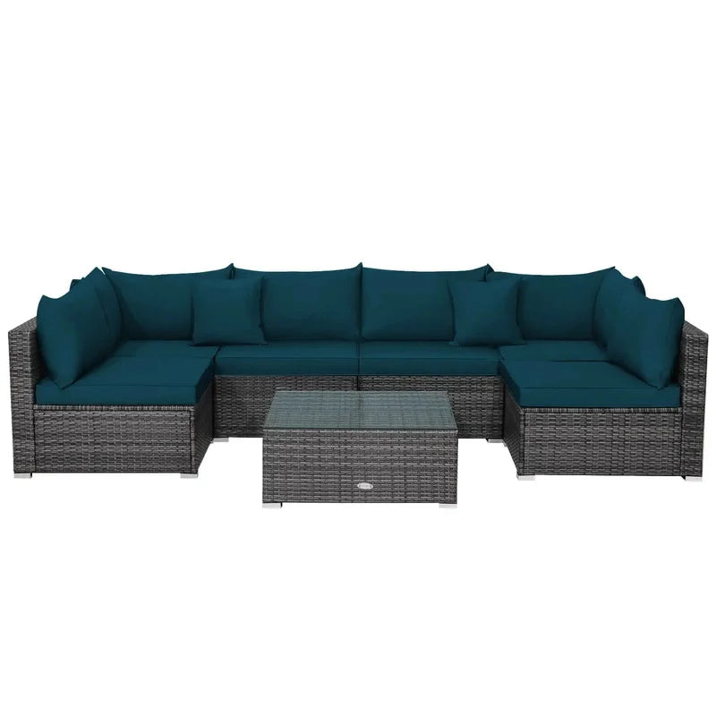 7-Piece Outdoor Rattan Sectional Sofa Set w/Peacock Blue Cushions
