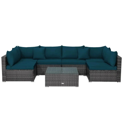 7-Piece Outdoor Rattan Sectional Sofa Set w/Peacock Blue Cushions