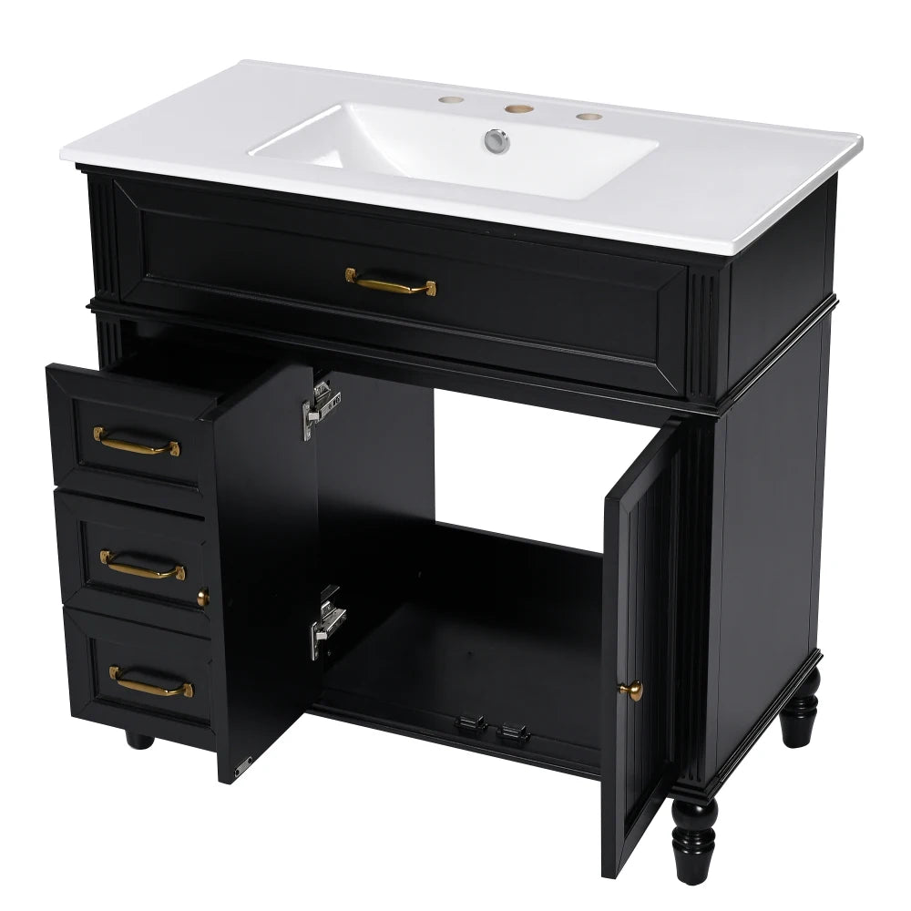 Freestanding 36" Black  Bathroom Vanity w/Retro Gold Handles & Ceramic Sink