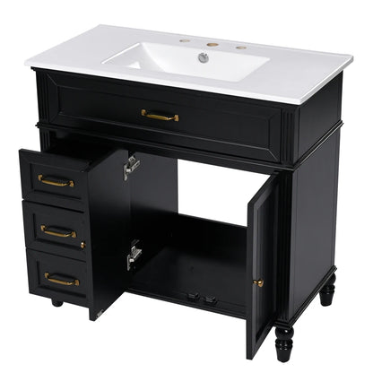 Freestanding 36" Black  Bathroom Vanity w/Retro Gold Handles & Ceramic Sink