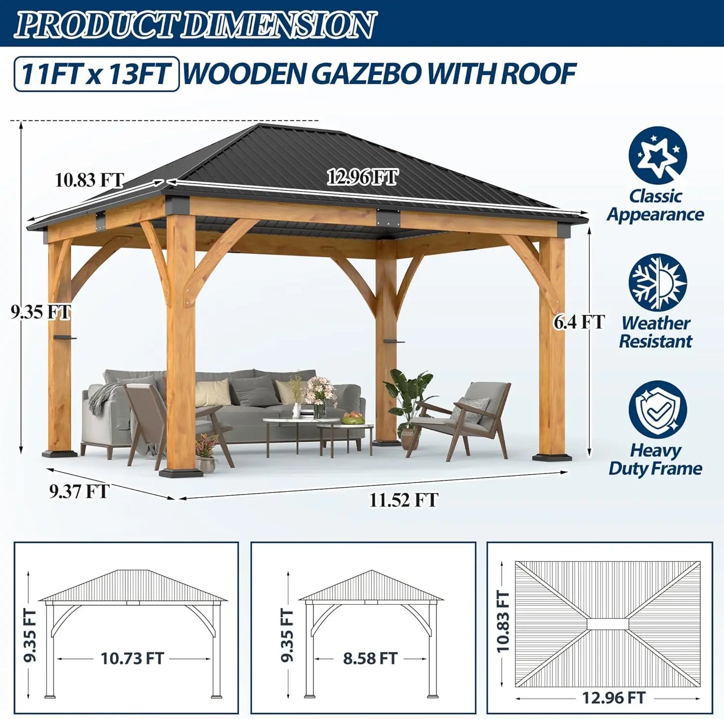 10 x 10 Gray Outdoor Wood Post Gazebo