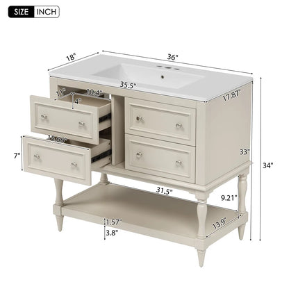 36" Beige Bathroom Vanity w/Ceramic Undermount Sink