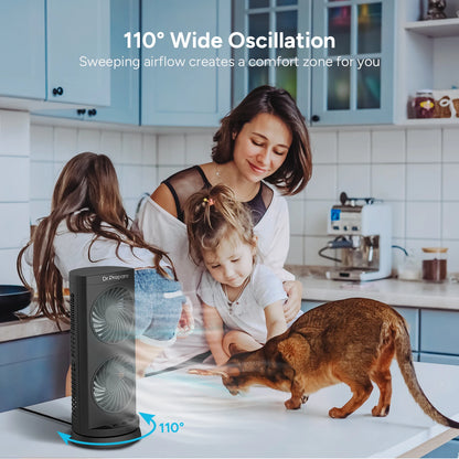 DR.PREPARE Portable Desk Tower Fan - Dual Fan Design with 110° Oscillation - Black, dual-fan portable desk fan design