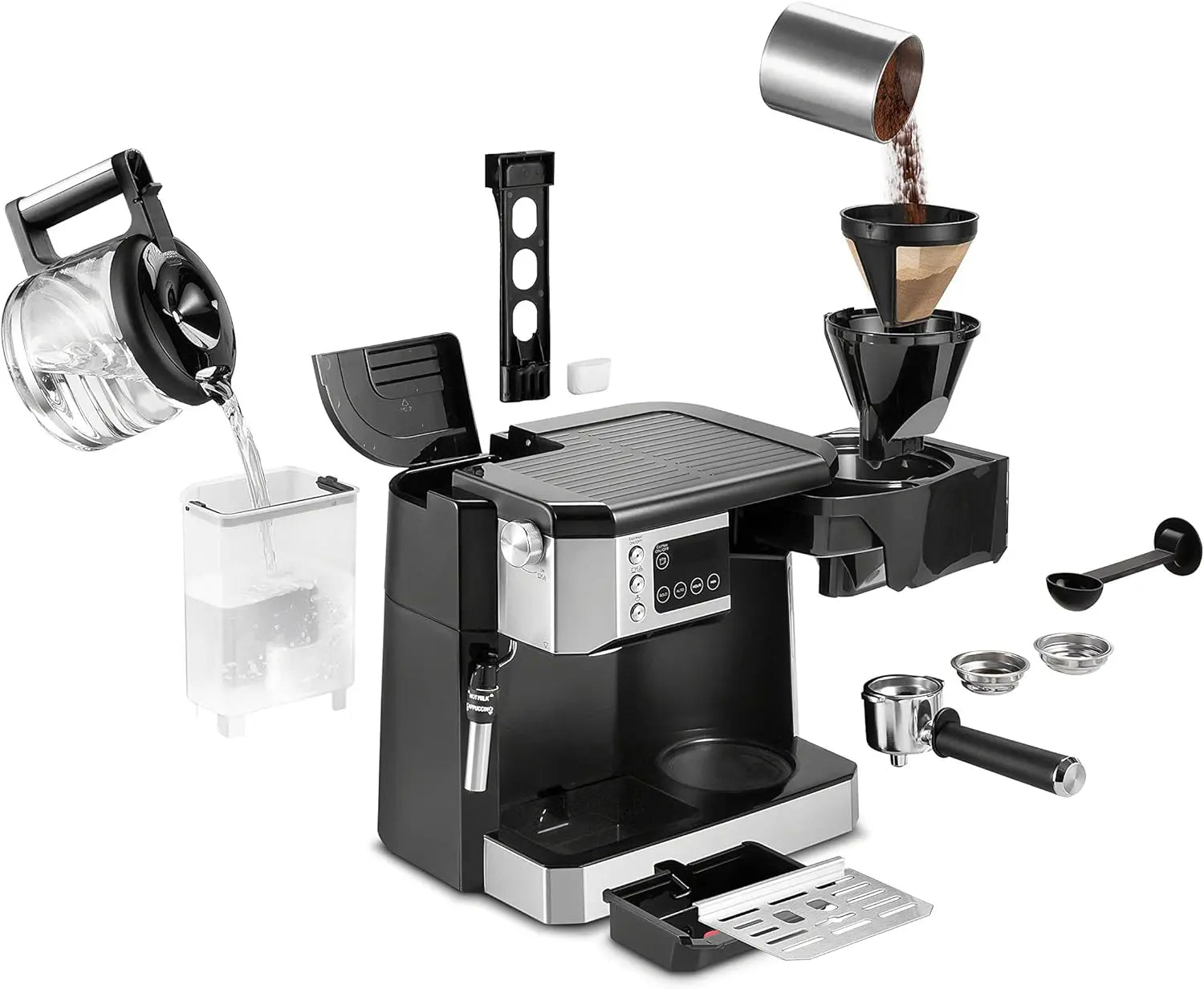 De'Longhi All-In-One Coffee & Espresso Machine in sleek black, showcasing its dual heating system for simultaneous brewing, perfect for every coffee lover.