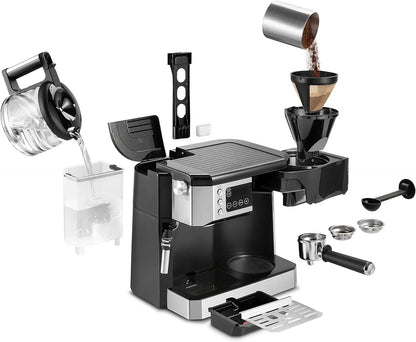 De'Longhi All-In-One Coffee & Espresso Machine in sleek black, showcasing its dual heating system for simultaneous brewing, perfect for every coffee lover.