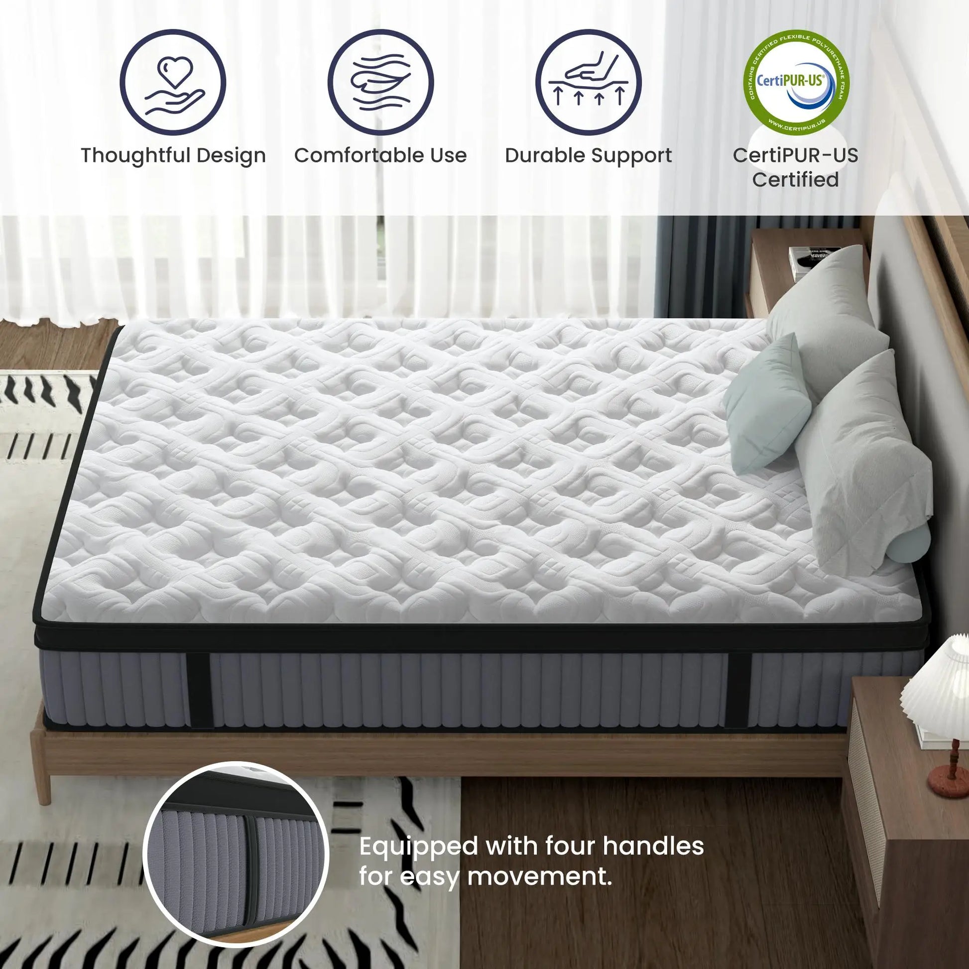 Side view of BedStory 14-Inch Luxury Hybrid Mattress showcasing modern Euro top design, a quality hybrid mattress for cooling.