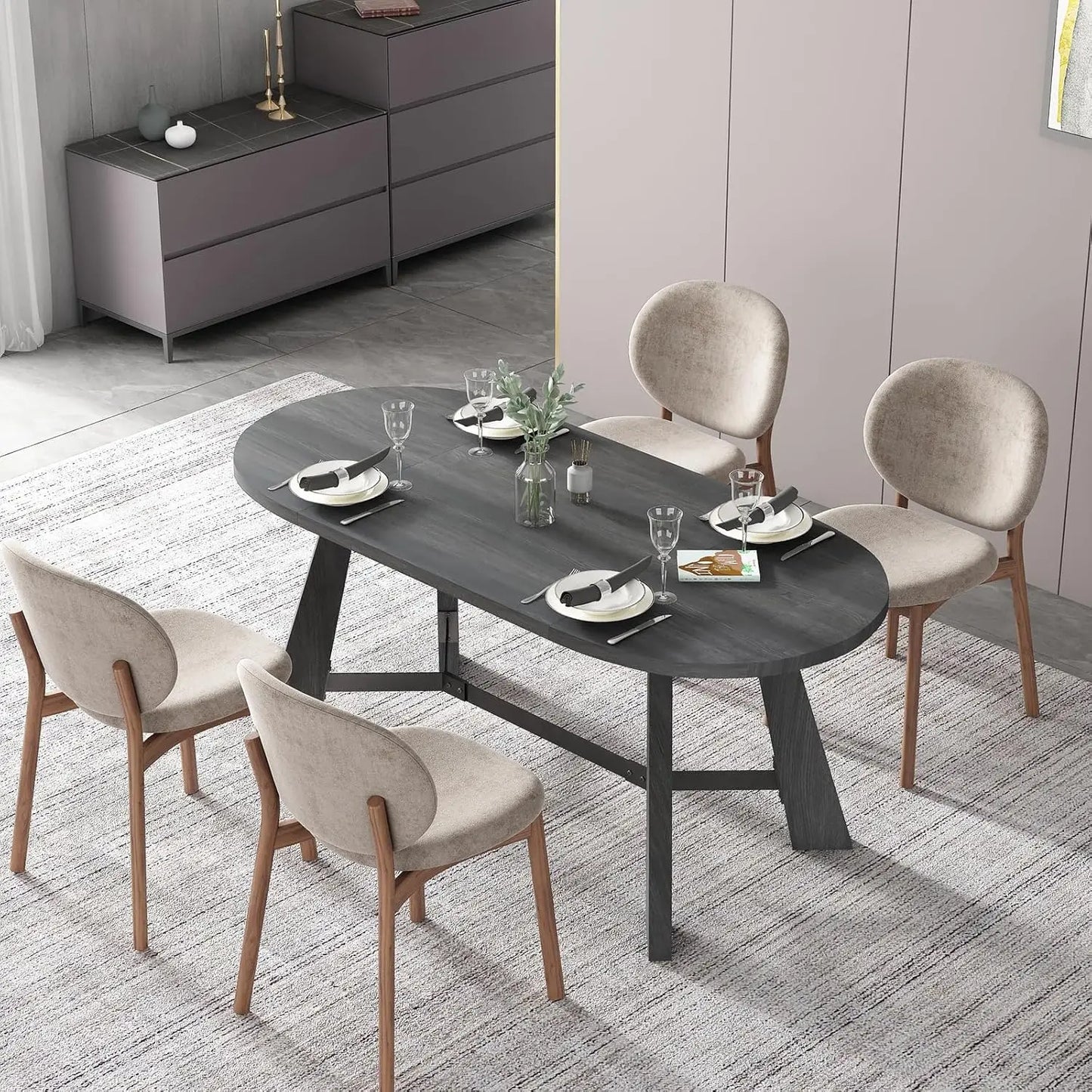 Elegant Mid-Century Walnut Oval Dining Table Set with coordinating decor, demonstrating timeless dining style.