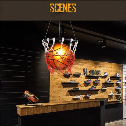 Retro basketball light fixture installed in a stylish game room, adding a unique touch to the decor.