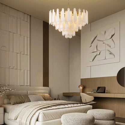 Elegant French-Style Marble Chandelier displaying its three color change light options, a versatile french style chandelier.