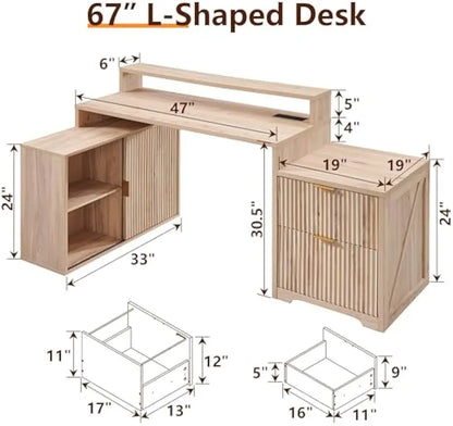 Modern L-shaped Fluted Credenza Desk w/Storage Cabinet & Drawers