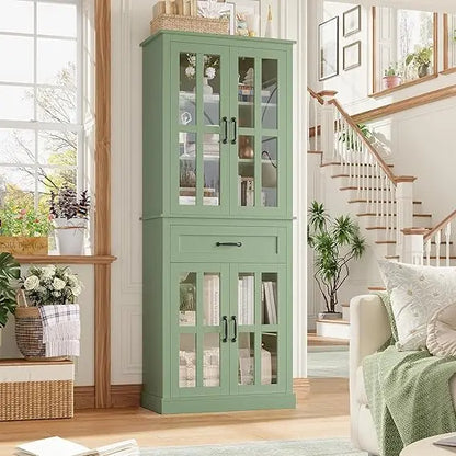 Sleek Glass Door Wooden Tall Storage Cabinet with Drawer – 71” Modern Green Bookcase offering elegant storage solutions as a glass door storage cabinet.