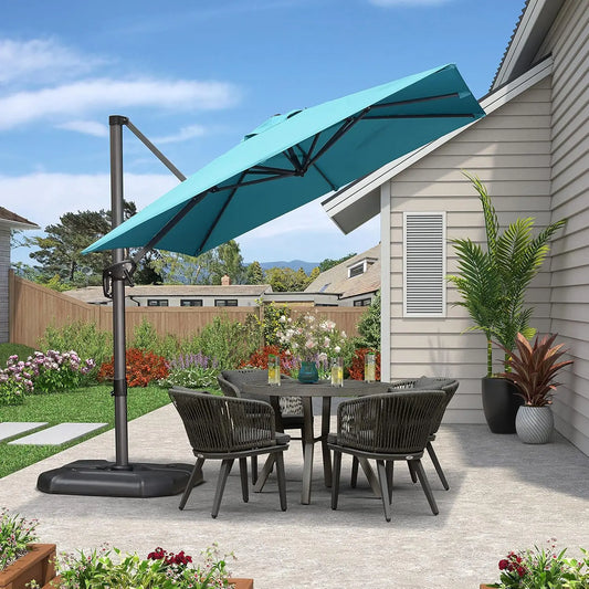 HomelyOasis 9'x9' Square Cantilever Umbrella in a beautiful outdoor patio setting, the ultimate 9x9 outdoor umbrella for stylish shade.