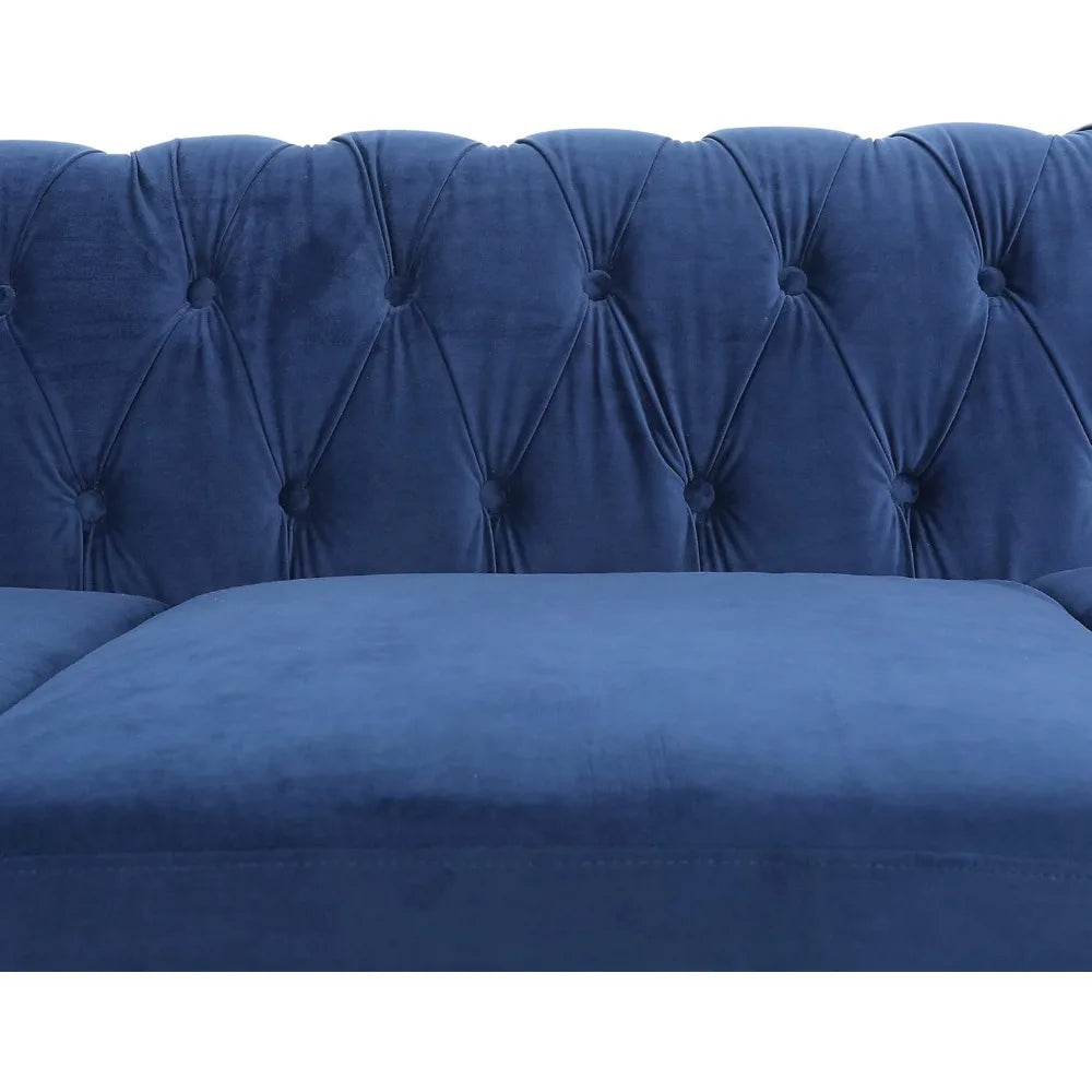 Blue Velvet Chesterfield Sofa – Full view of the stylish 84" tufted 3-seater couch with scrolled arms, perfect for elegant seating.
