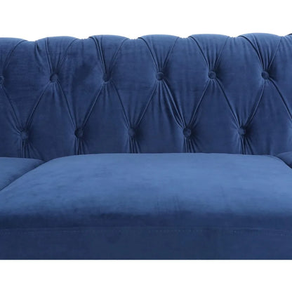 Blue Velvet Chesterfield Sofa – Full view of the stylish 84" tufted 3-seater couch with scrolled arms, perfect for elegant seating.