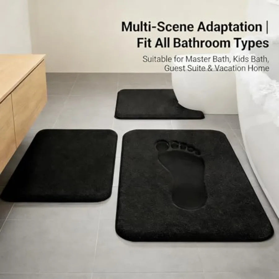 Cozy Black Memory Foam Bathroom Rug Set positioned next to a bathtub, adding comfort and style to the bathroom.