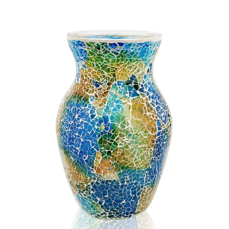 The 8" Handcrafted Cracked Glass Flower Vase highlighting intricate mosaic details, a standout handcrafted glass vase in any room.