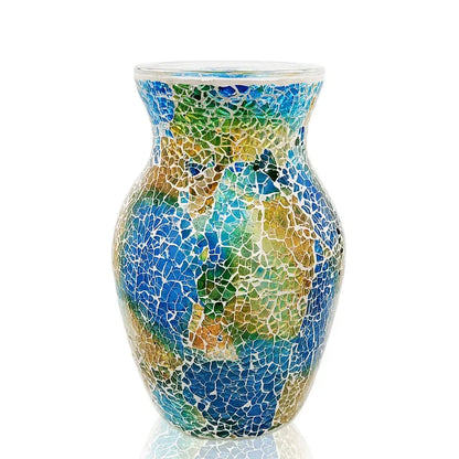 The 8" Handcrafted Cracked Glass Flower Vase highlighting intricate mosaic details, a standout handcrafted glass vase in any room.