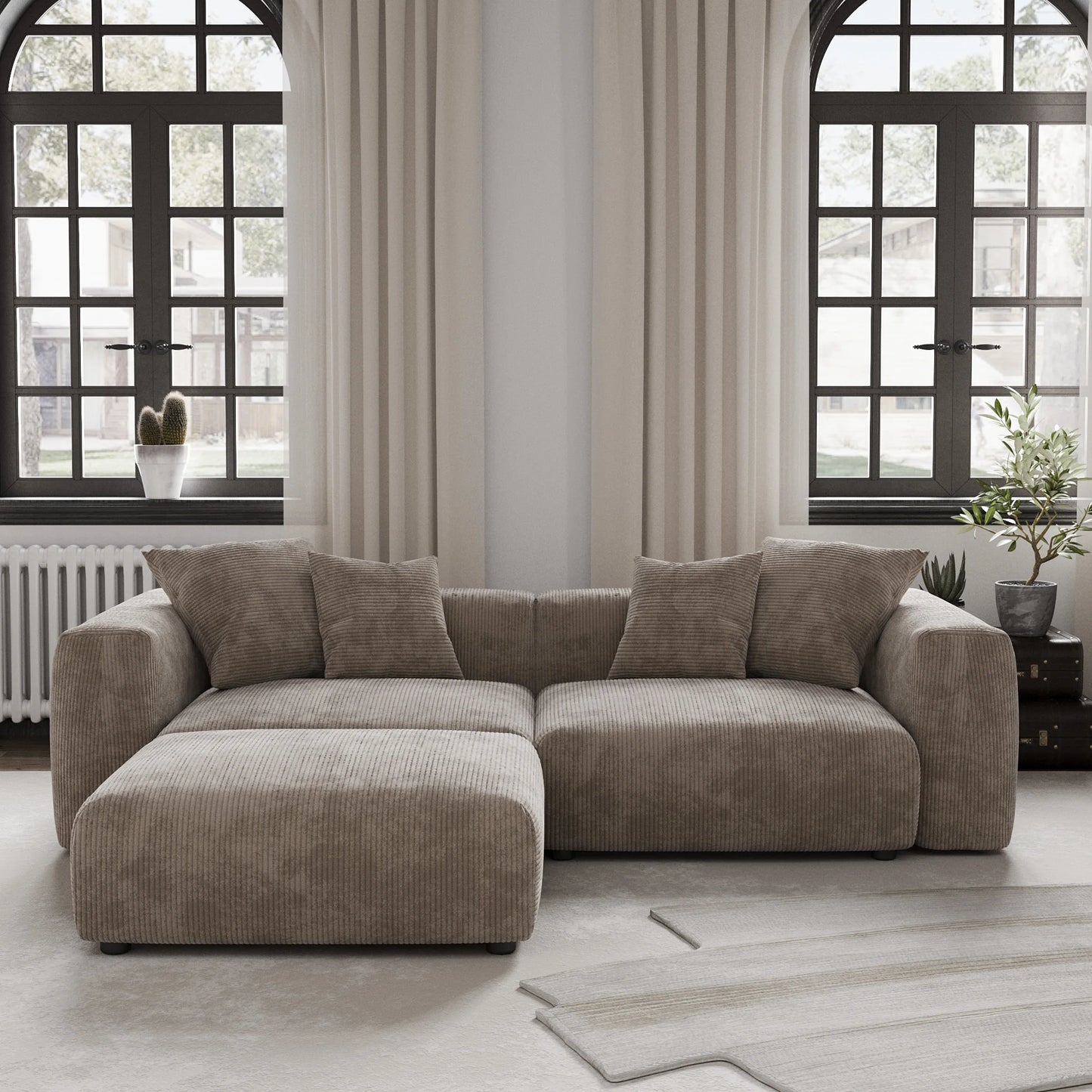 Oversized L-shaped Beige Corduroy Modular Sectional Sofa w/Throw Pillows
