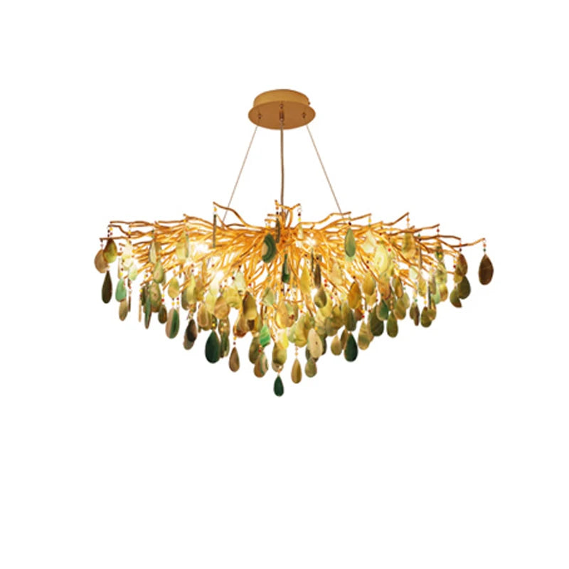 Modern art deco chandelier featuring a rich brown frame and colorized agate for a stylish statement piece.