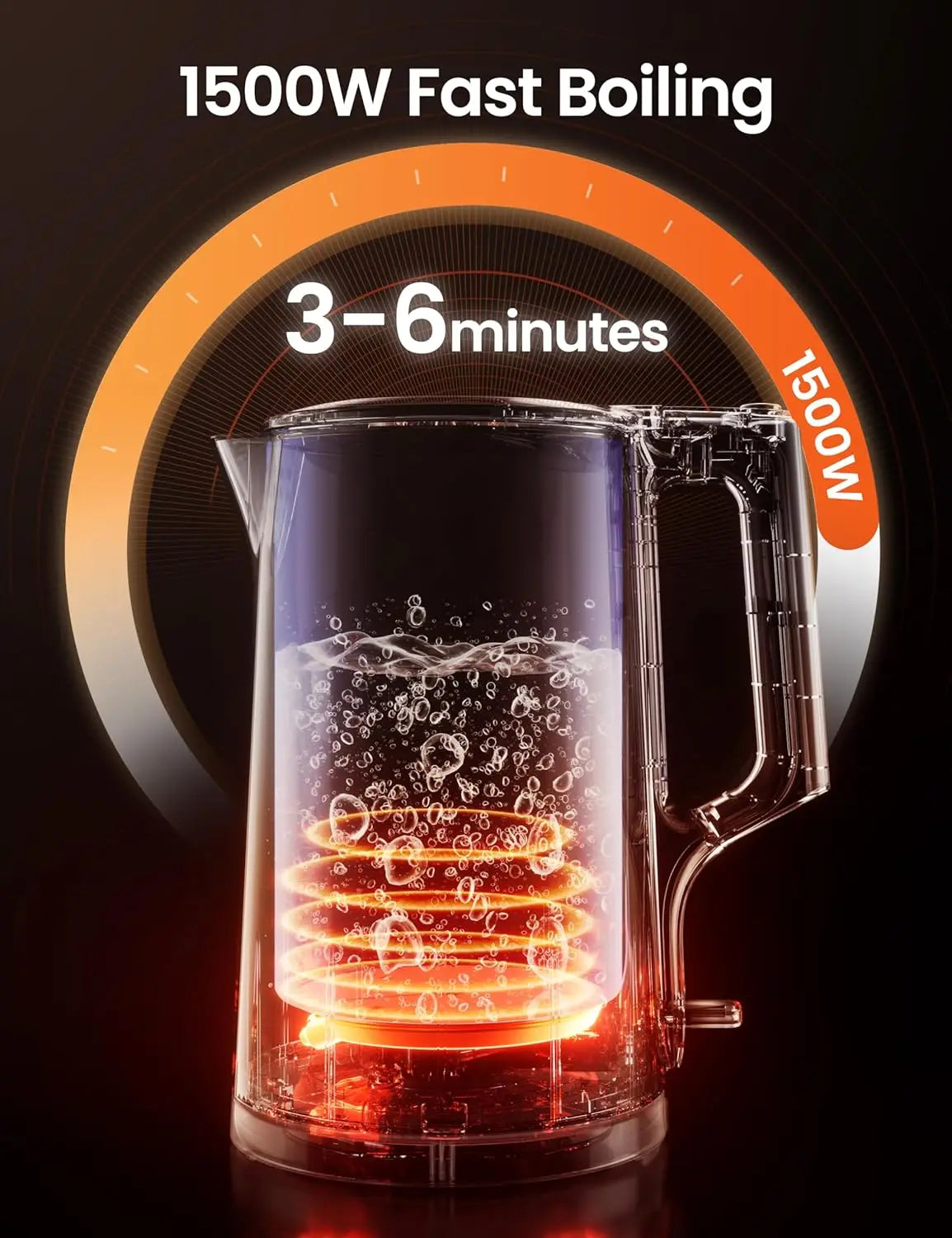 Comfee’ 1.7L Black Double Wall Electric Kettle showing its spacious 1.7L capacity ideal for instant meals and beverages.