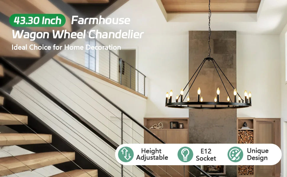 Rustic Farmhouse 16-Light Wagon Wheel Chandelier