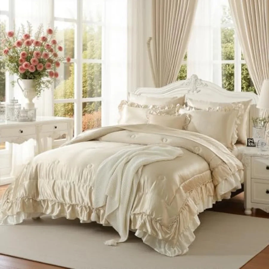 The complete Beige Satin Comforter Set including comforter, sheets, and pillowcases elegantly arranged on a bed.
