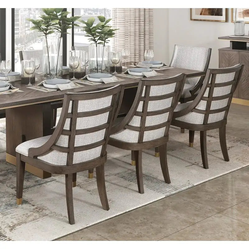 Modern Brown Finish 9-Piece Dining Table Set w/Extension + 8 Upholstered Armchairs