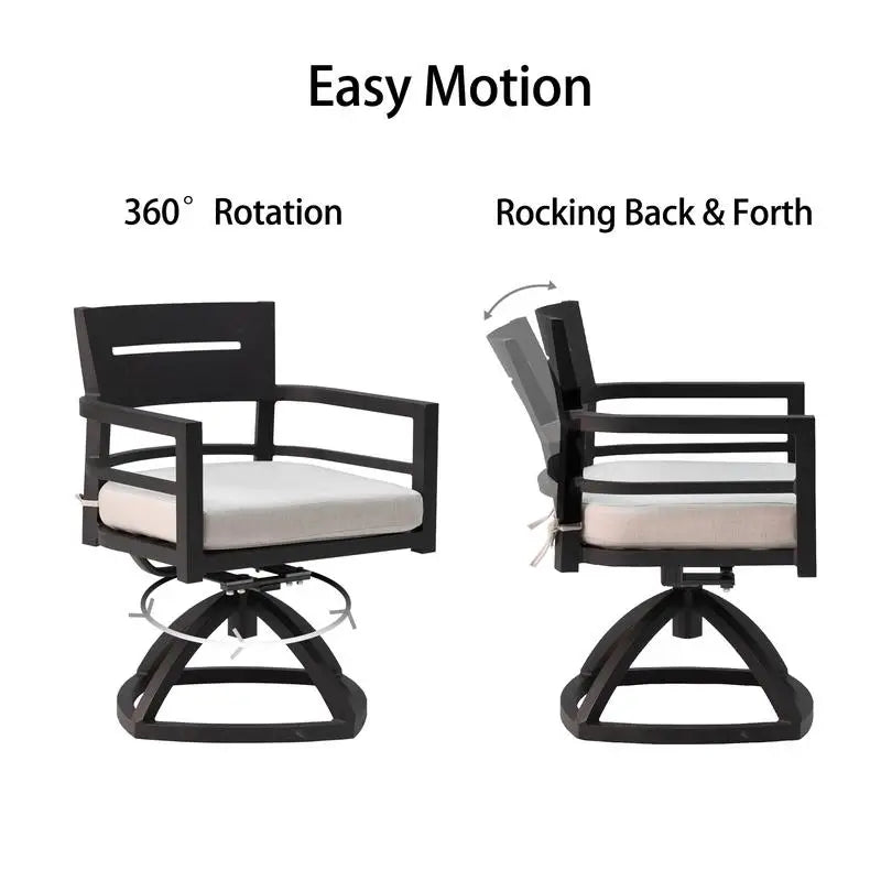 The ergonomic swivel rocker chairs of the Modern Outdoor Dining Set providing comfort for long meals.
