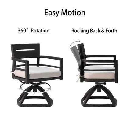 The ergonomic swivel rocker chairs of the Modern Outdoor Dining Set providing comfort for long meals.