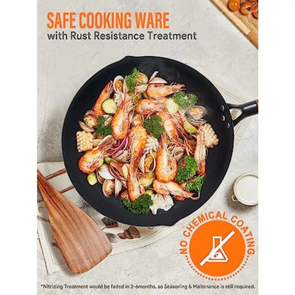 Close-up view of the carbon steel wok highlighting its smooth surface and natural wood accessories included in the HomelyOasis set.