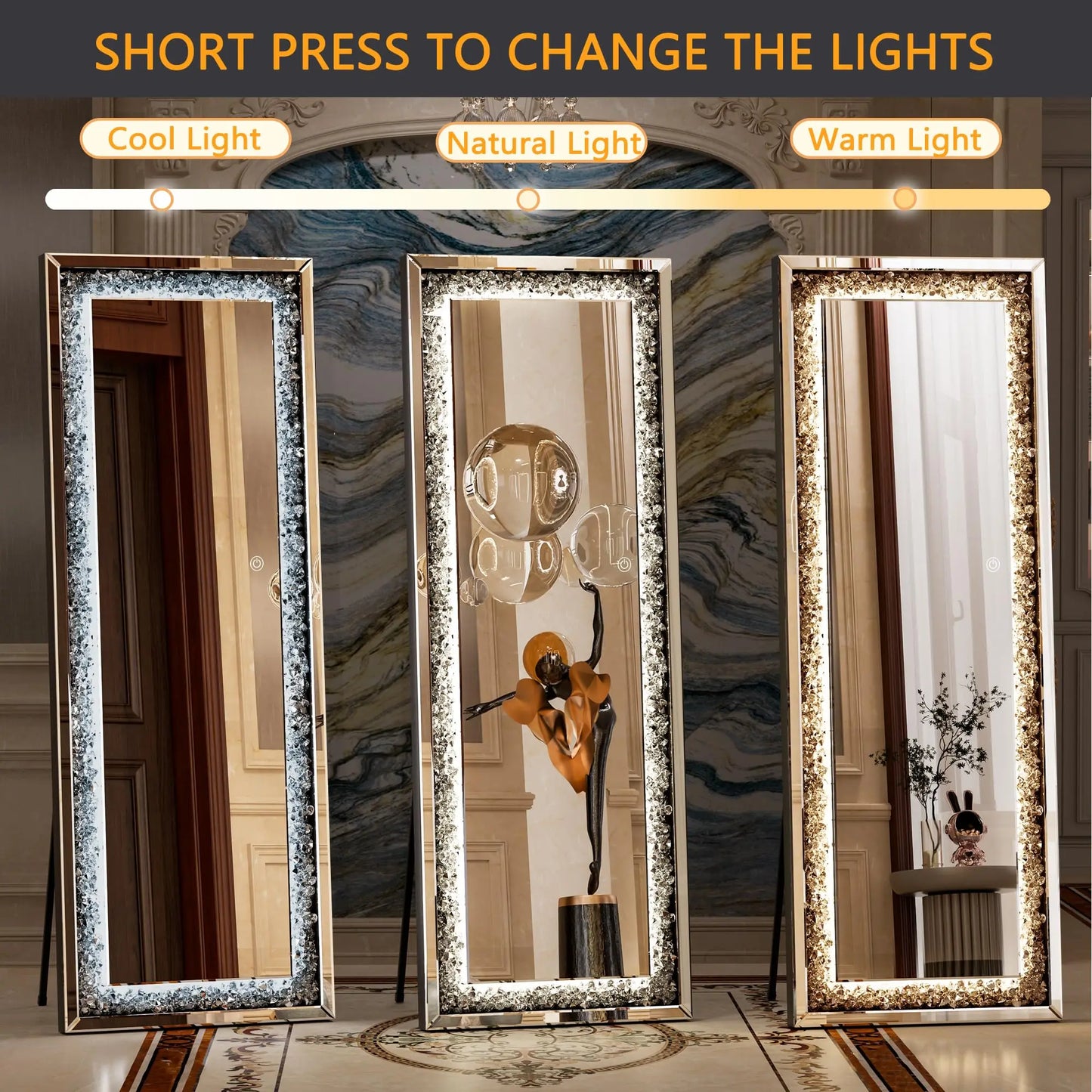 Elegant & Modern 63" Tall Full Length Frameless Diamond Mirror