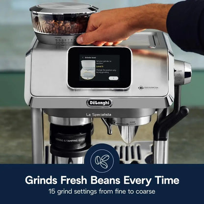 De'Longhi La Specialista Touch Espresso Machine with froth level settings highlighted on the touchscreen display.