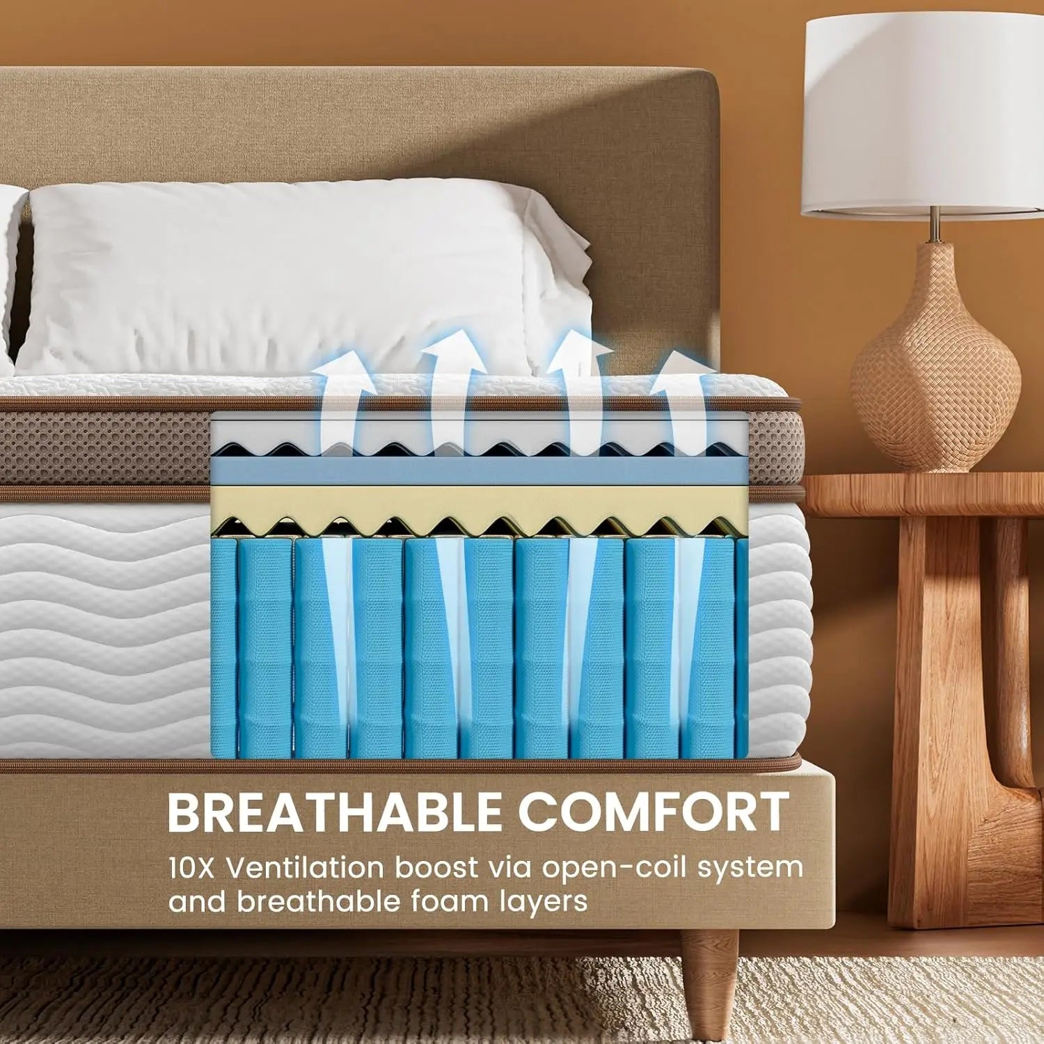 Layered bedding on BedStory orthopedic hybrid mattress, showcasing its stylish white Euro top and plush feel.