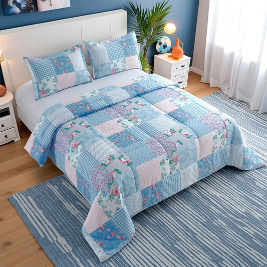 Luxury Blue Floral Quilt Set – Lightweight All-Season Comforter Bedding, Ultra-Soft Breathable Bed Set