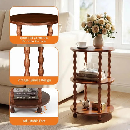 Garvee Round Accent Table 3-Tier - Sturdy Wooden Side Table Nightstand - Walnut, wooden round accent table with three storage tiers