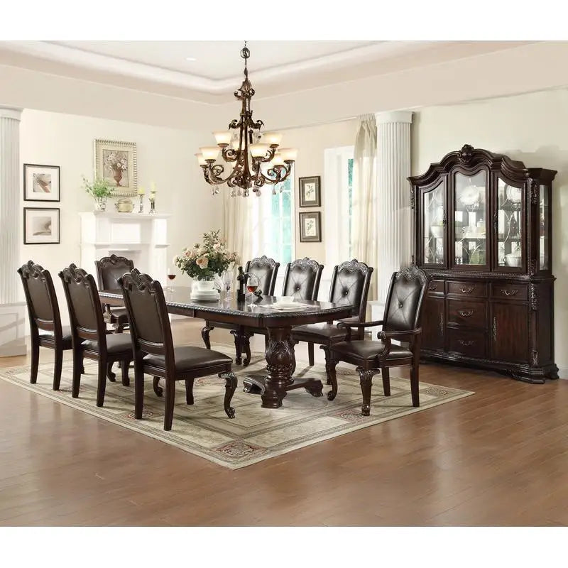 Formal 9 Piece Dark Brown Dining Table Set w/Double Pedestal Base
