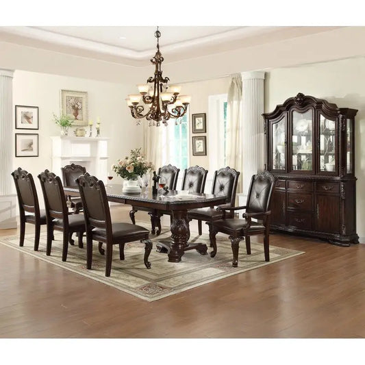 Formal 9 Piece Dark Brown Dining Table Set w/Double Pedestal Base