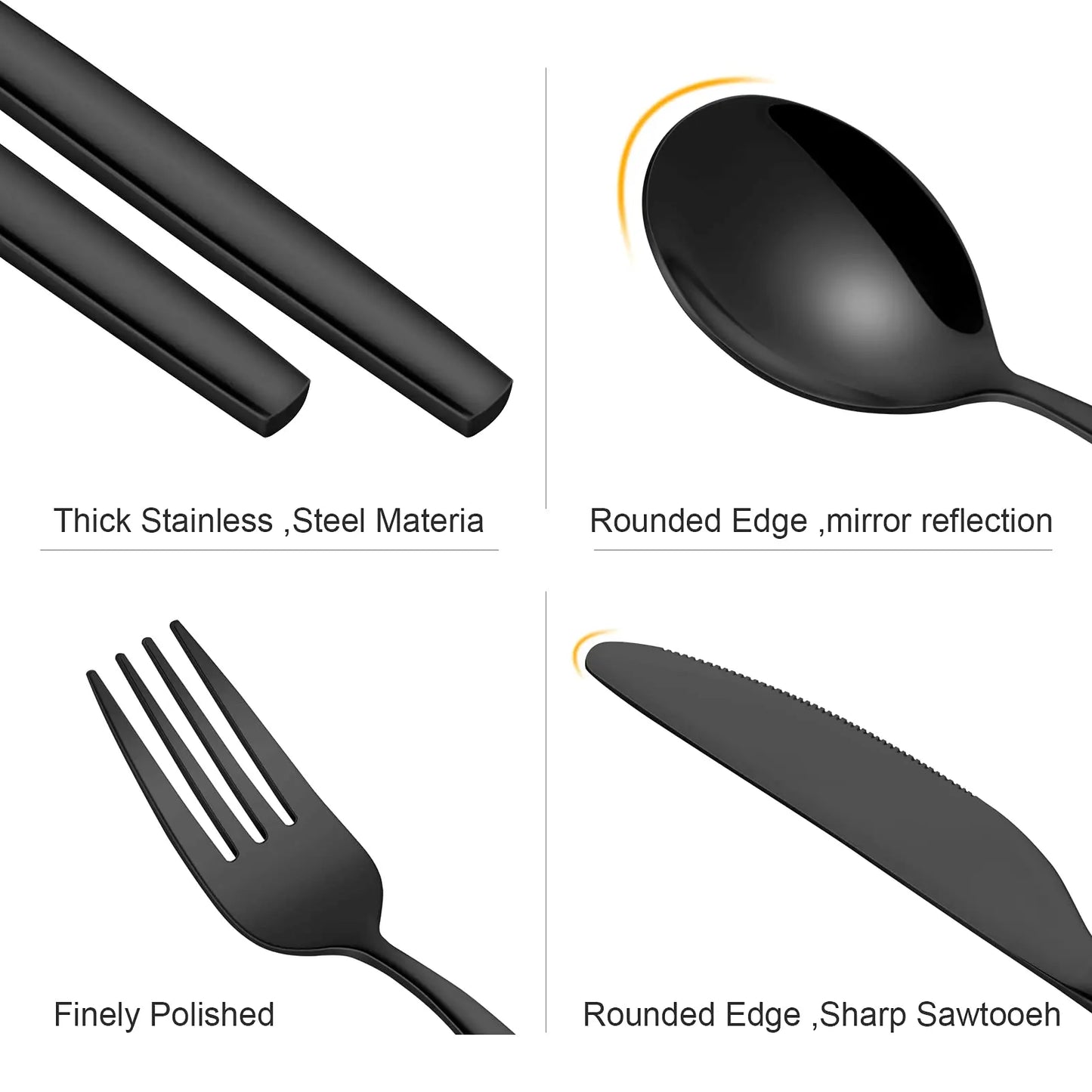 30-Piece Black Stainless Steel Flatware Set, Service for 6 made from durable, food-safe stainless steel