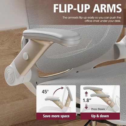 Stylish ergonomic office chair with a modern white design and flip-up arms for space-saving convenience.