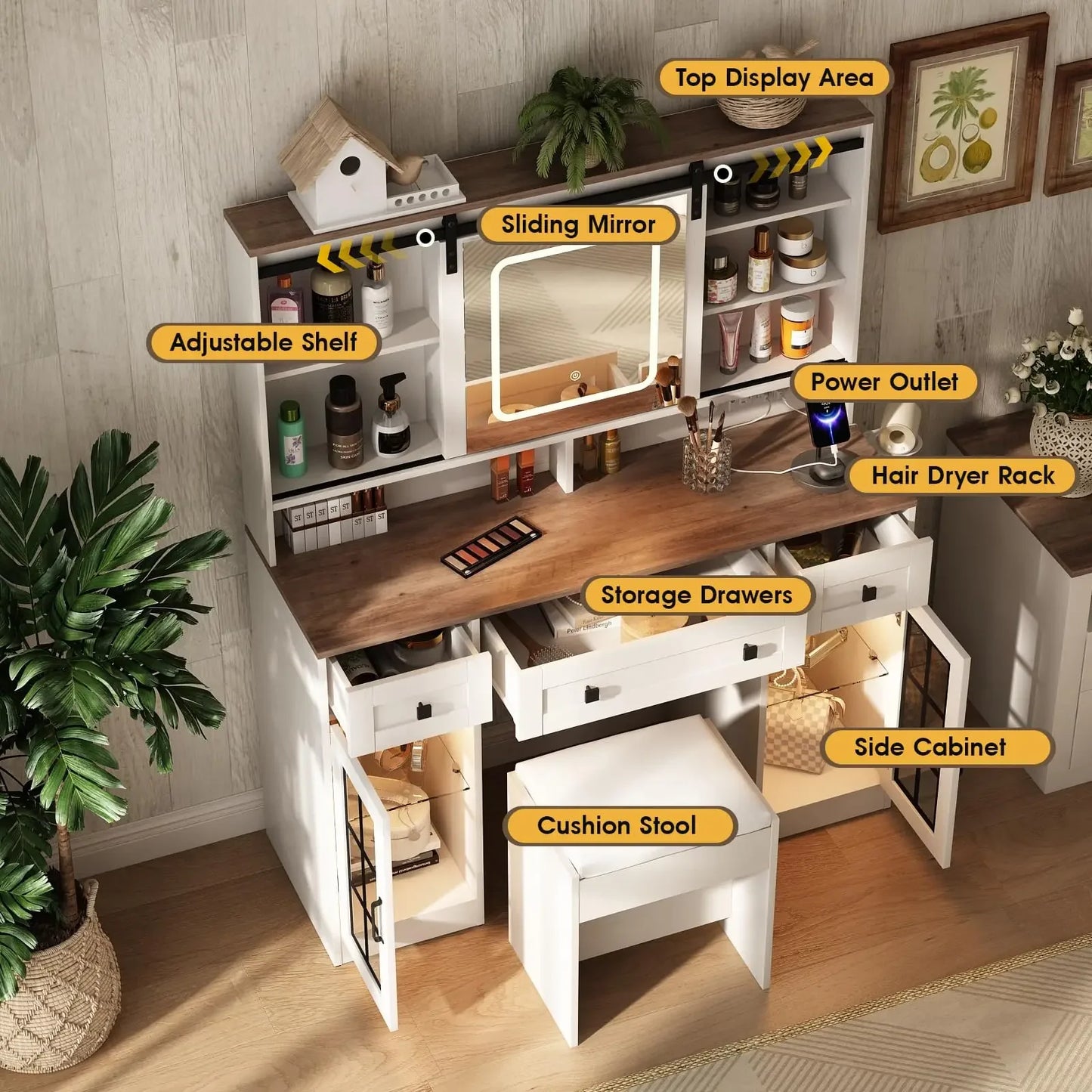 Farmhouse Vanity Makeup Desk w/Stool & Charging Station