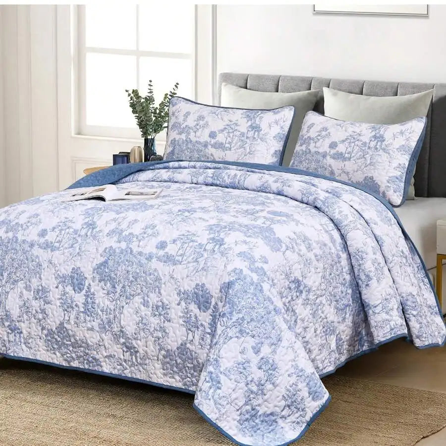 3-Piece Queen Floral Quilt Set, Lightweight Reversible Farmhouse Coverlet with 2 Pillow Shams - blue floral queen quilt