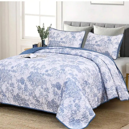 3-Piece Queen Floral Quilt Set, Lightweight Reversible Farmhouse Coverlet with 2 Pillow Shams - blue floral queen quilt
