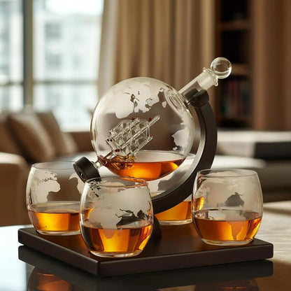 The Ship-in-a Bottle Globe Design Crystal Clear Whiskey Decanter Set w/4 Glasses