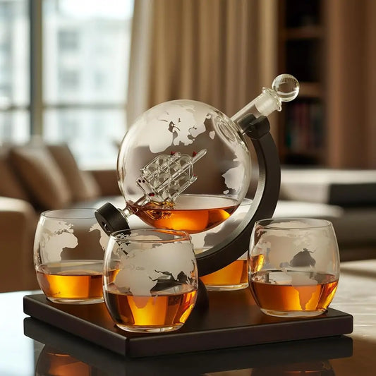 The Ship-in-a Bottle Globe Design Crystal Clear Whiskey Decanter Set w/4 Glasses
