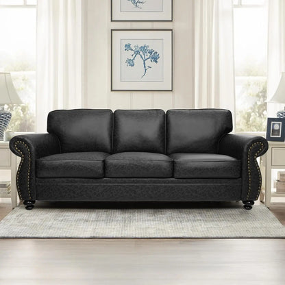 Side view of the 88” Farmhouse Rolled Arm Sofa, featuring its rolled arms and plush seating ideal for cozy living rooms.