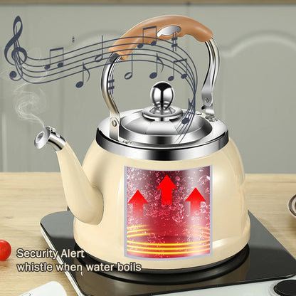 A close-up of the ergonomic handle of the stainless steel tea kettle, designed for comfortable pouring.