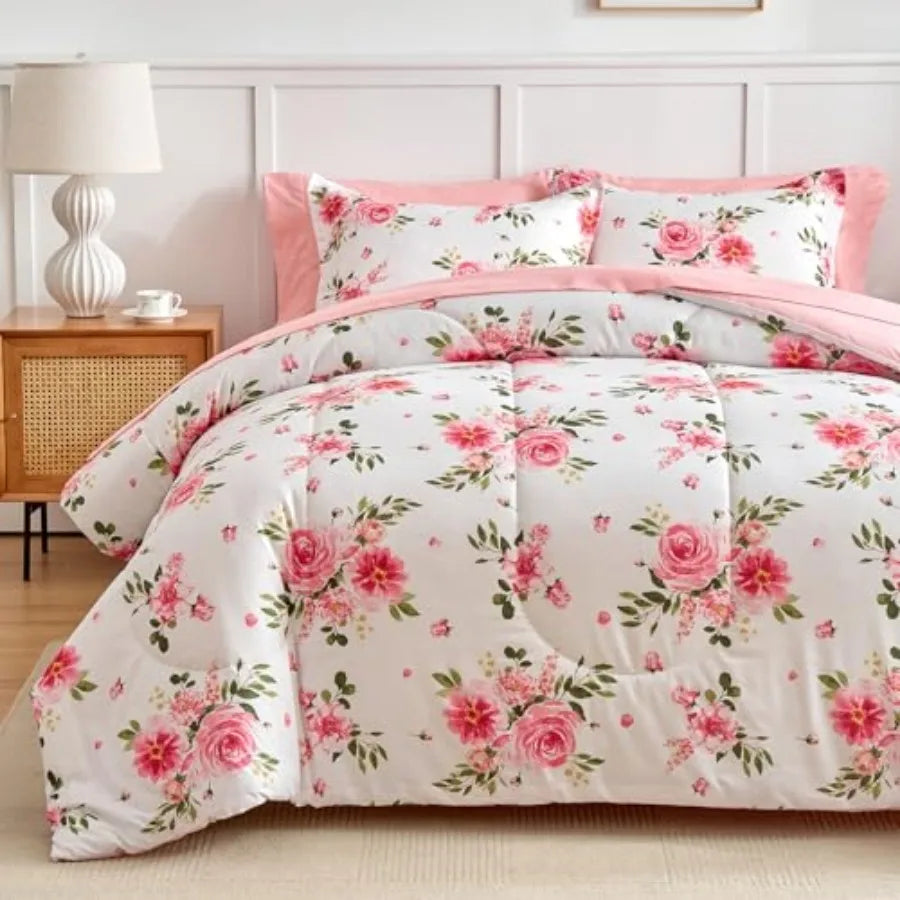 Twin Floral Bedding Set 6 Piece in dark pink rose pattern, ideal for a cozy, inviting look with this floral bedding set.